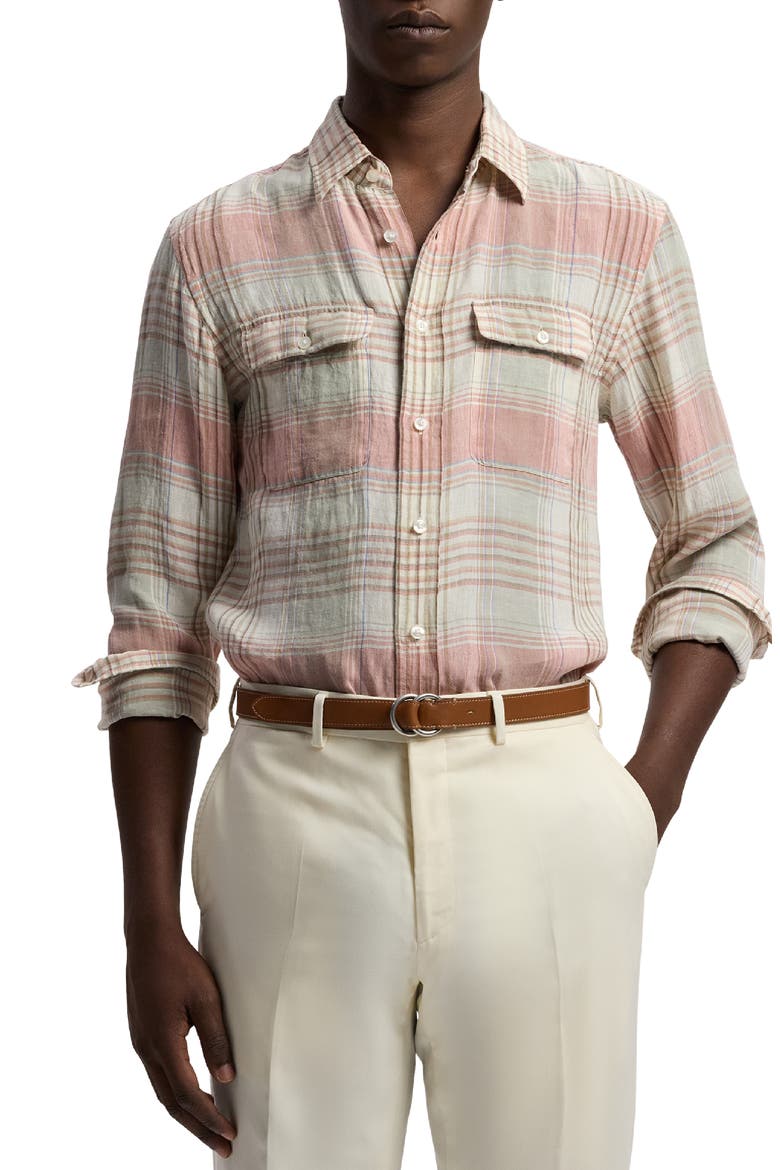 Plaid Linen Button-Up Shirt, Main, color, RASPBERRY