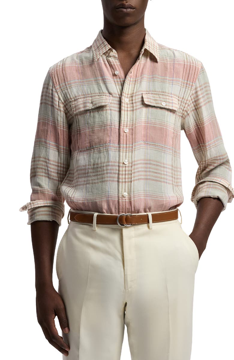 Ralph Lauren Purple Label Plaid Linen Button-Up Shirt, Main, color, Raspberry