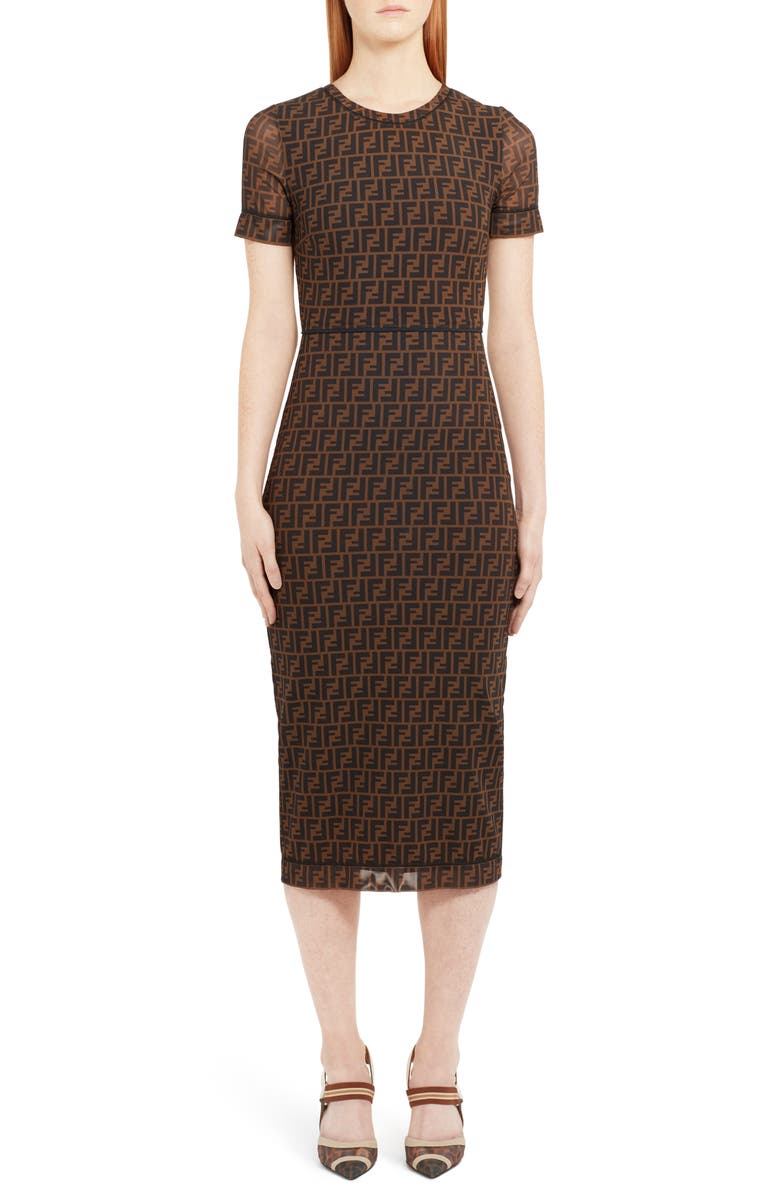 Fendi Sheer Sleeve Logo Pattern Midi Dress, Main, color, 
