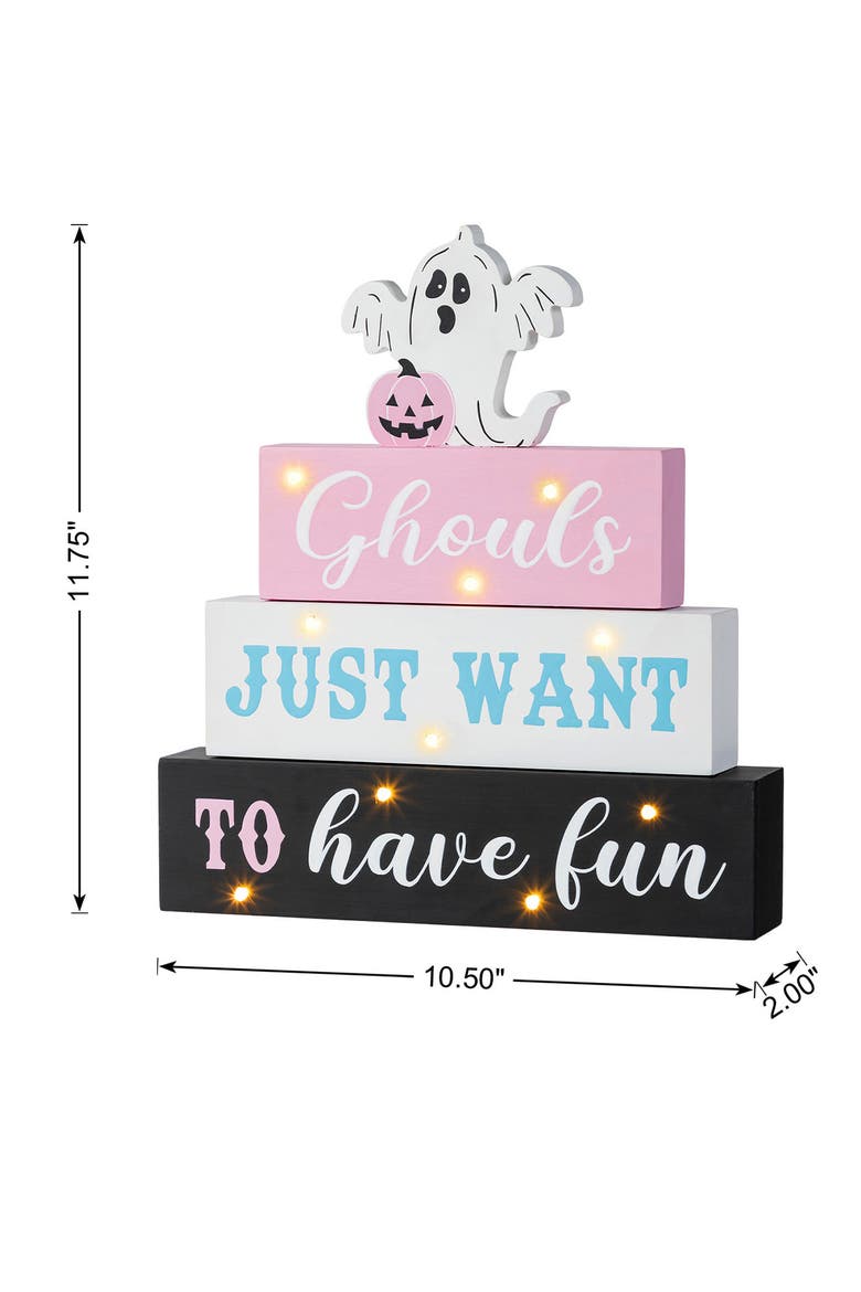 Halloween Lighted Pink Wooden Ghost Block Word Sign, Alternate, color, Pink