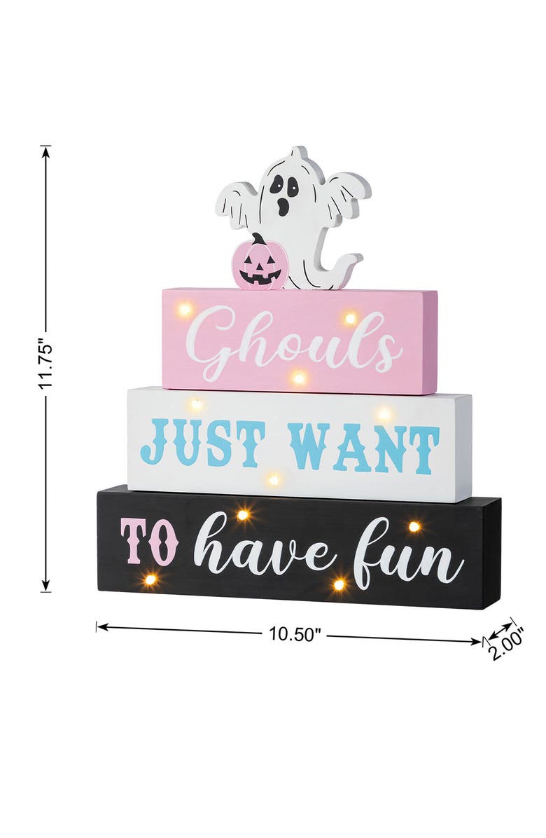 Glitzhome Halloween Lighted Pink Wooden Ghost Block Word Sign, Alternate, color, Pink