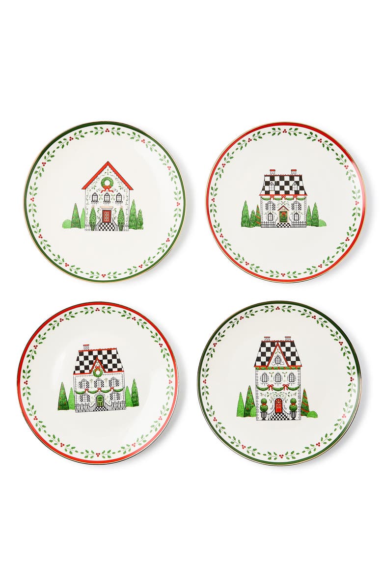 MACKENZIE CHILDS Holly Village Set of 4 Dessert Plates, Main, color, White