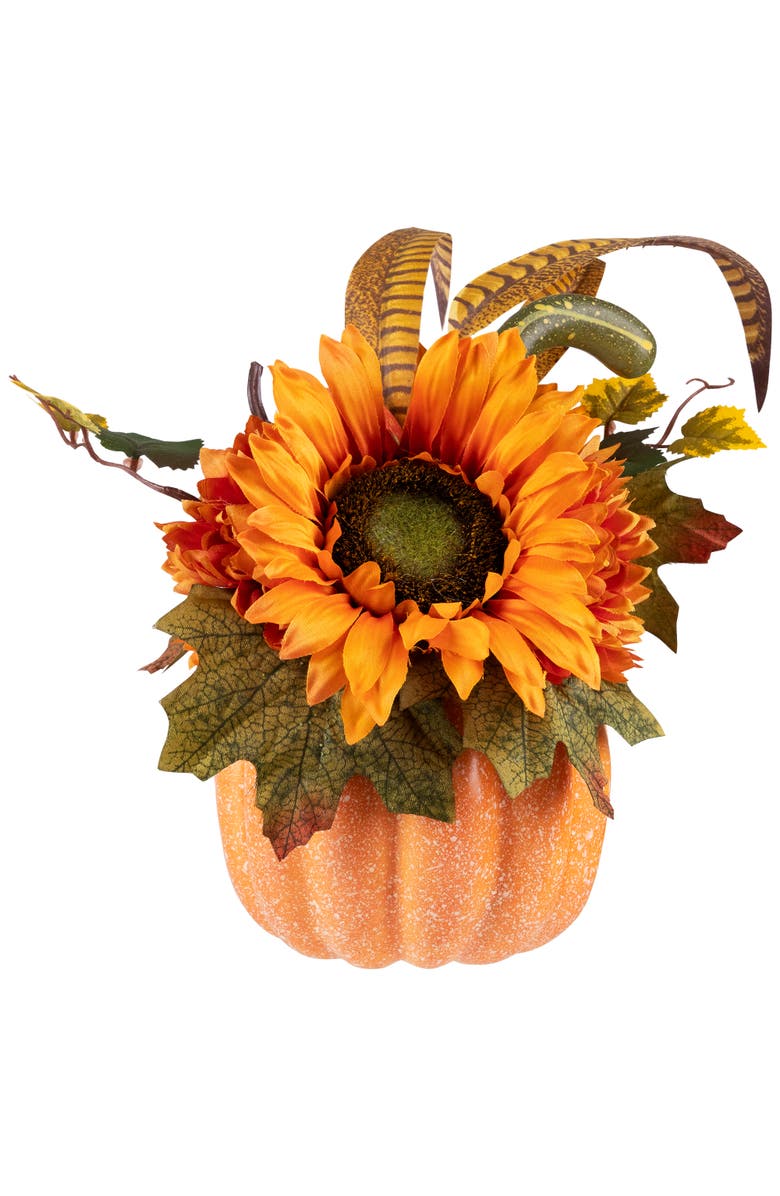 Northlight Sunflower and Gourds in Pumpkin Fall Harvest Pumpkin Flower Arrangement - 14.75", Main, color,
