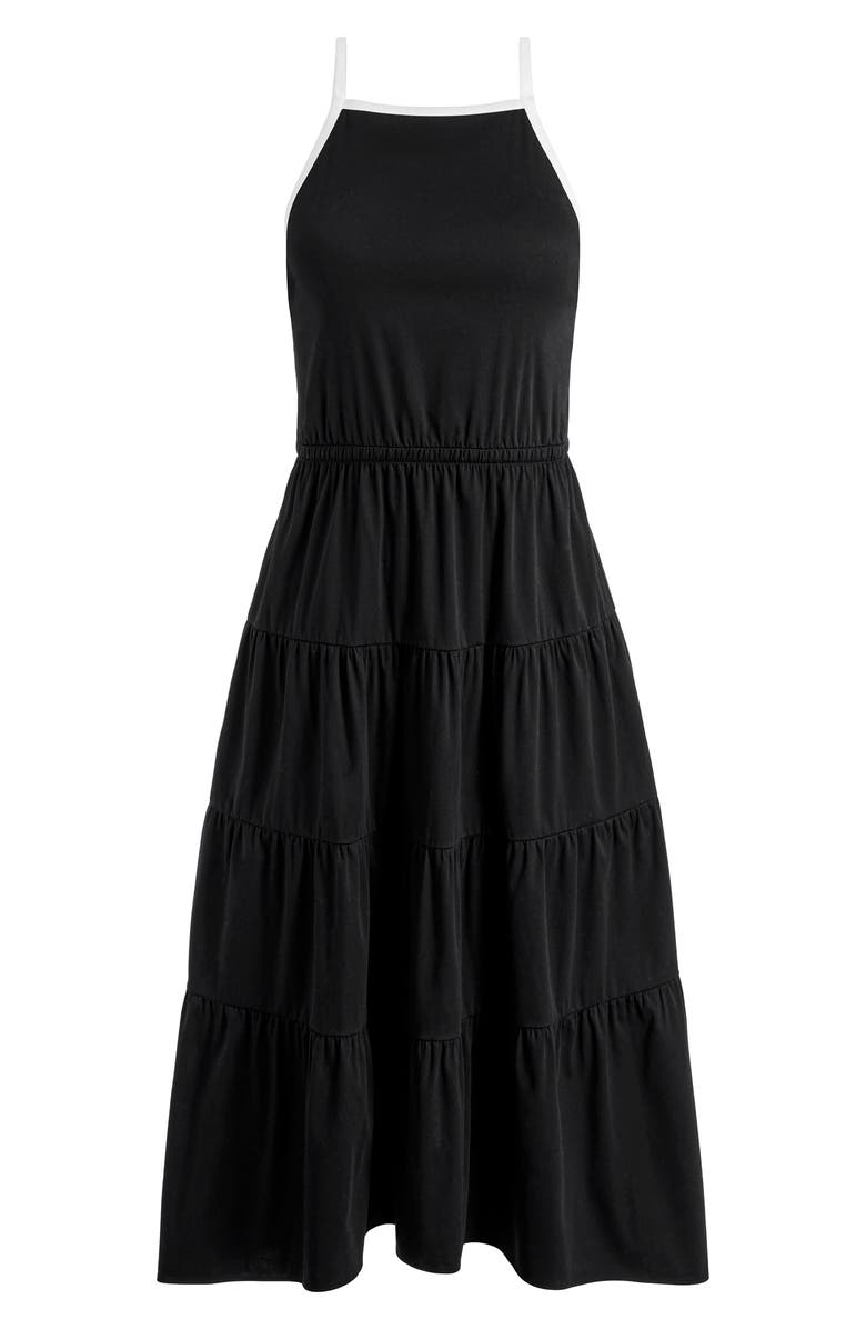 Alice + Olivia Hartley Tie Back Tiered Stretch Cotton Midi Dress, Alternate, color, Black/ Off White