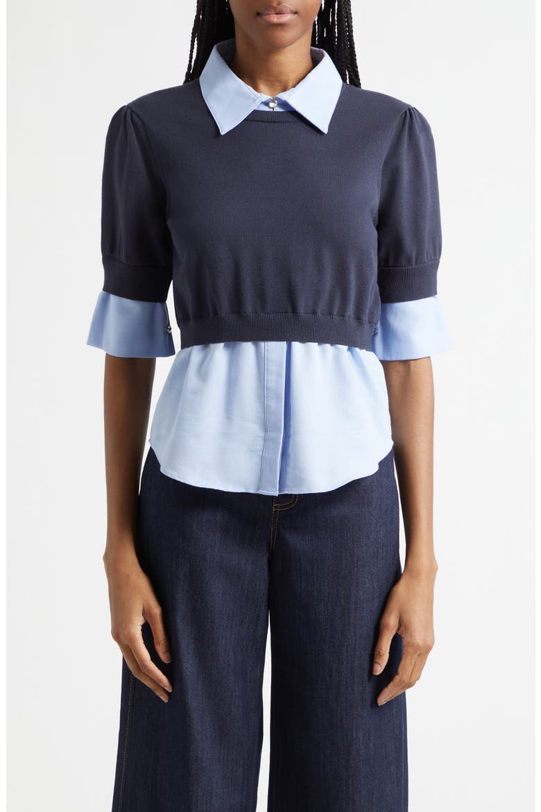 Capucine Mixed Media Top, Main, color, NAVY/ RAIN CLOUD