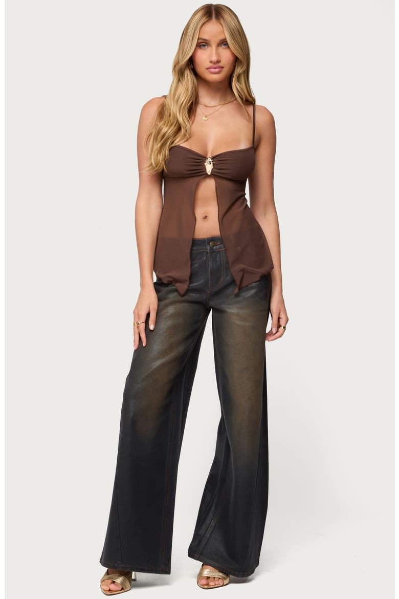 Reeve Split Front Sheer Mesh Top, Alternate, color, BROWN