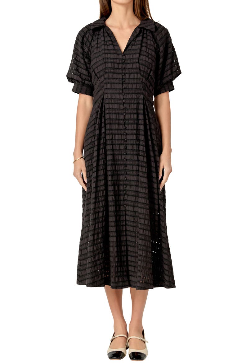 Seersucker Check Cotton Blend Midi Dress, Main, color, BLACK