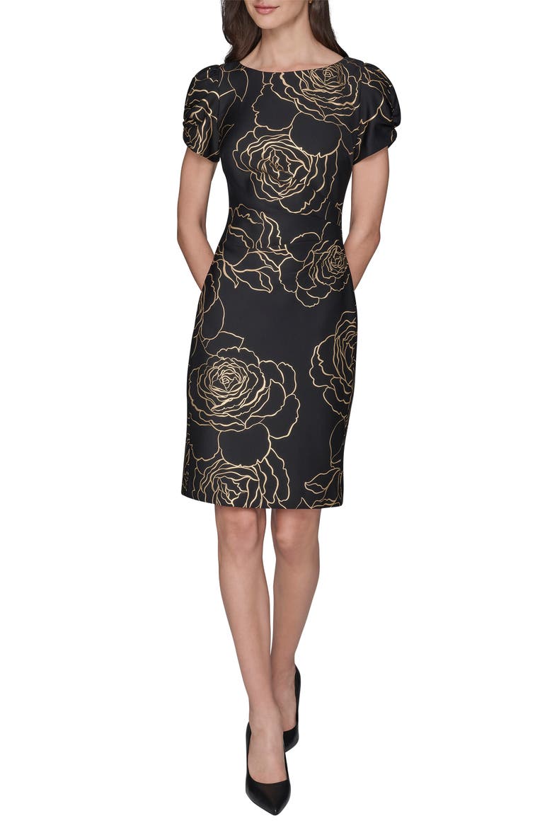 Metallic Floral Sheath Dress, Main, color, BLACK/ GOLD