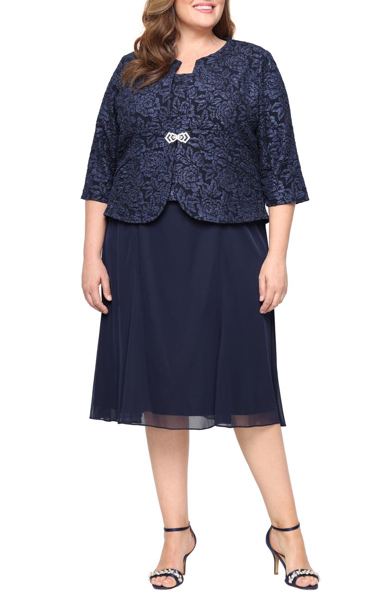Alex Evenings Jacquard Cocktail Dress with Jacket, Main, color, Navy