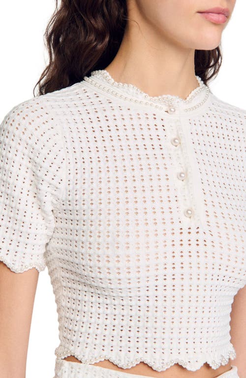 Sandro Womens Naturels Pearl-embellished Cropped Knitted Top In White