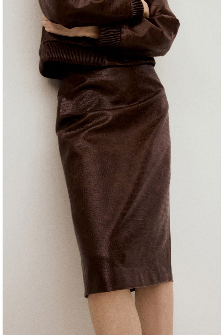 Croc-Embossed Faux Leather Midi Skirt, Main, color, BROWN