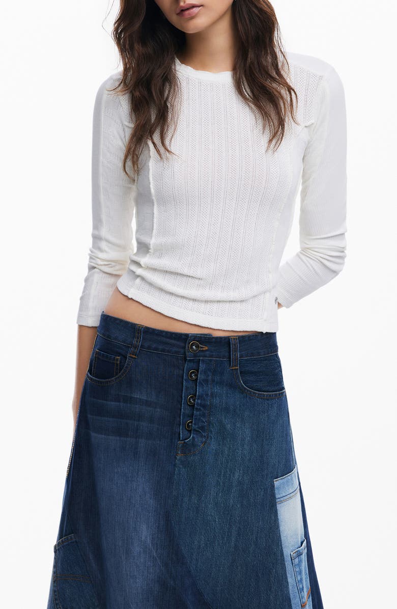 Desigual Charm Pointelle Stretch Cotton Top, Main, color, White