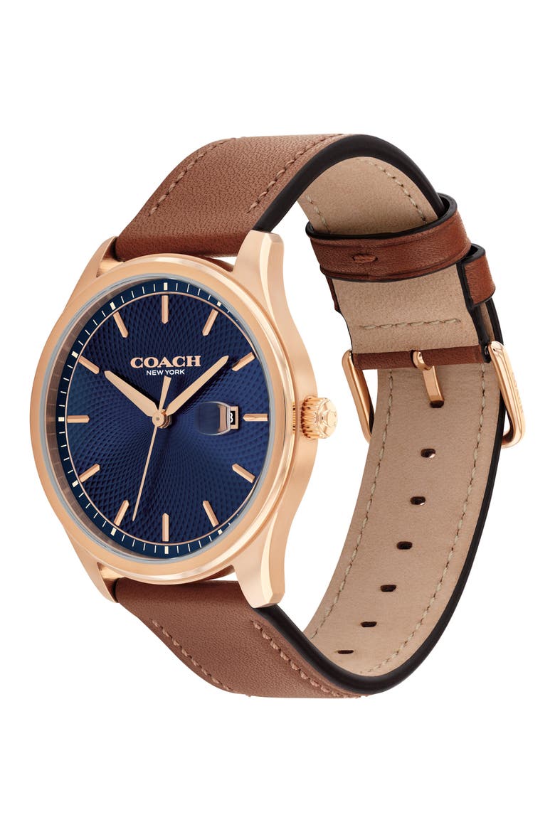 Oliver Leather Strap Watch, 41mm, Alternate, color, BLUE