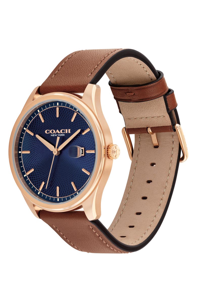 COACH Oliver Leather Strap Watch, 41mm, Alternate, color, Blue