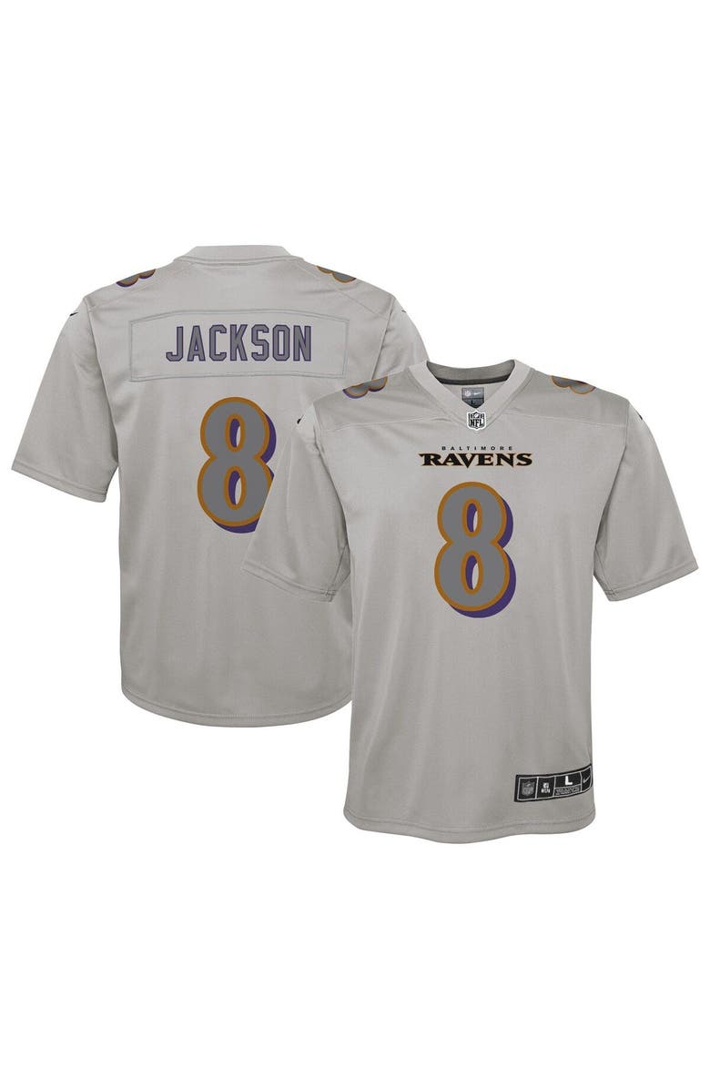 Nike Youth Nike Lamar Jackson Gray Baltimore Ravens Atmosphere Fashion Game Jersey, Main, color, 