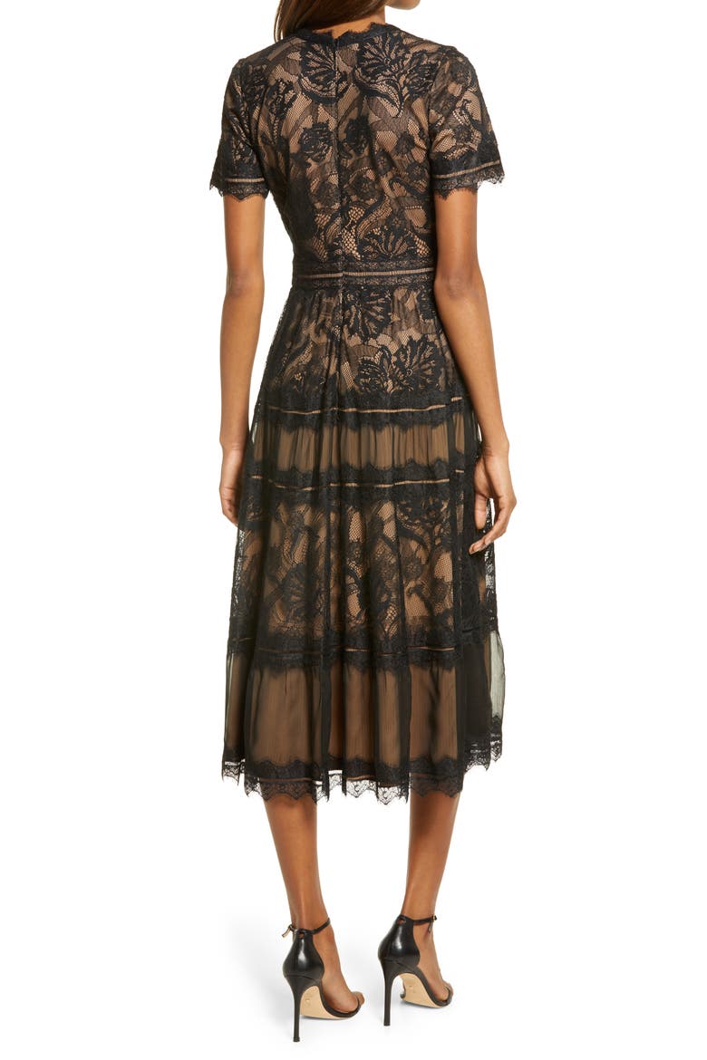 Lace & Mesh Midi Cocktail Dress, Alternate, color, BLACK/ NUDE