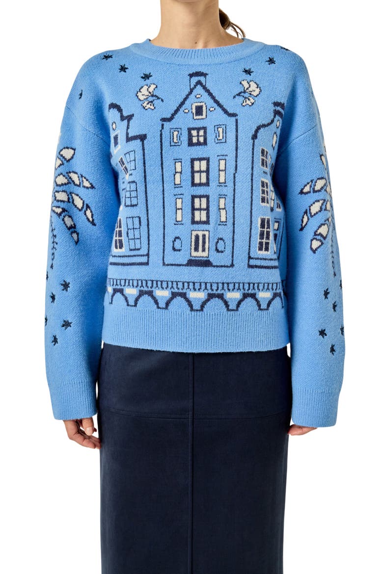 Townhouse Holiday Sweater, Main, color, CORNFLOWER BLUE