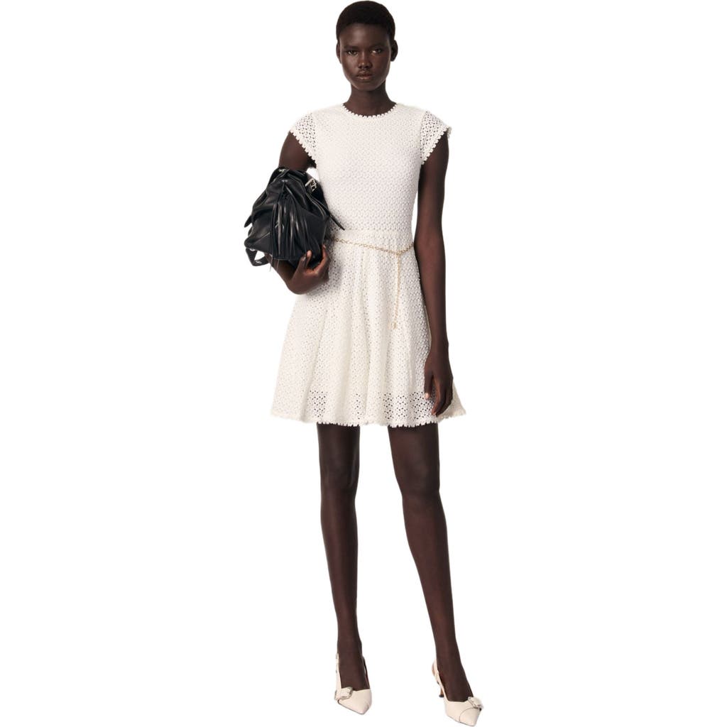 Maje Womens Blanc Chain-belt Short-sleeve Crochet Knitted Mini Dress In White
