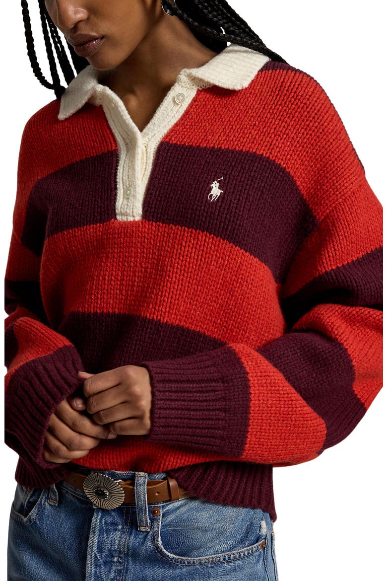 Stripe Oversize Wool Blend Rugby Polo Sweater, Main, color, HARVARD WINE/ BRANDY HEATHER