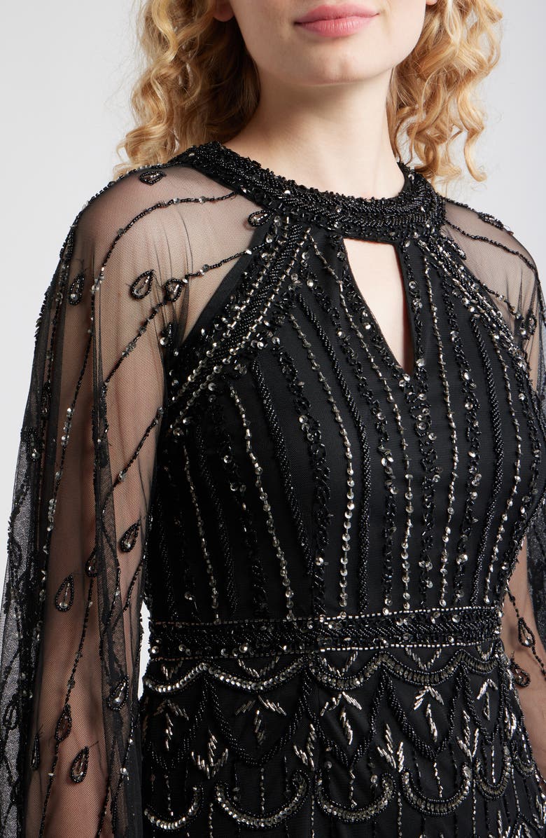 Pisarro Nights Illusion Long Sleeve Beaded A-Line Gown, Alternate, color, Black