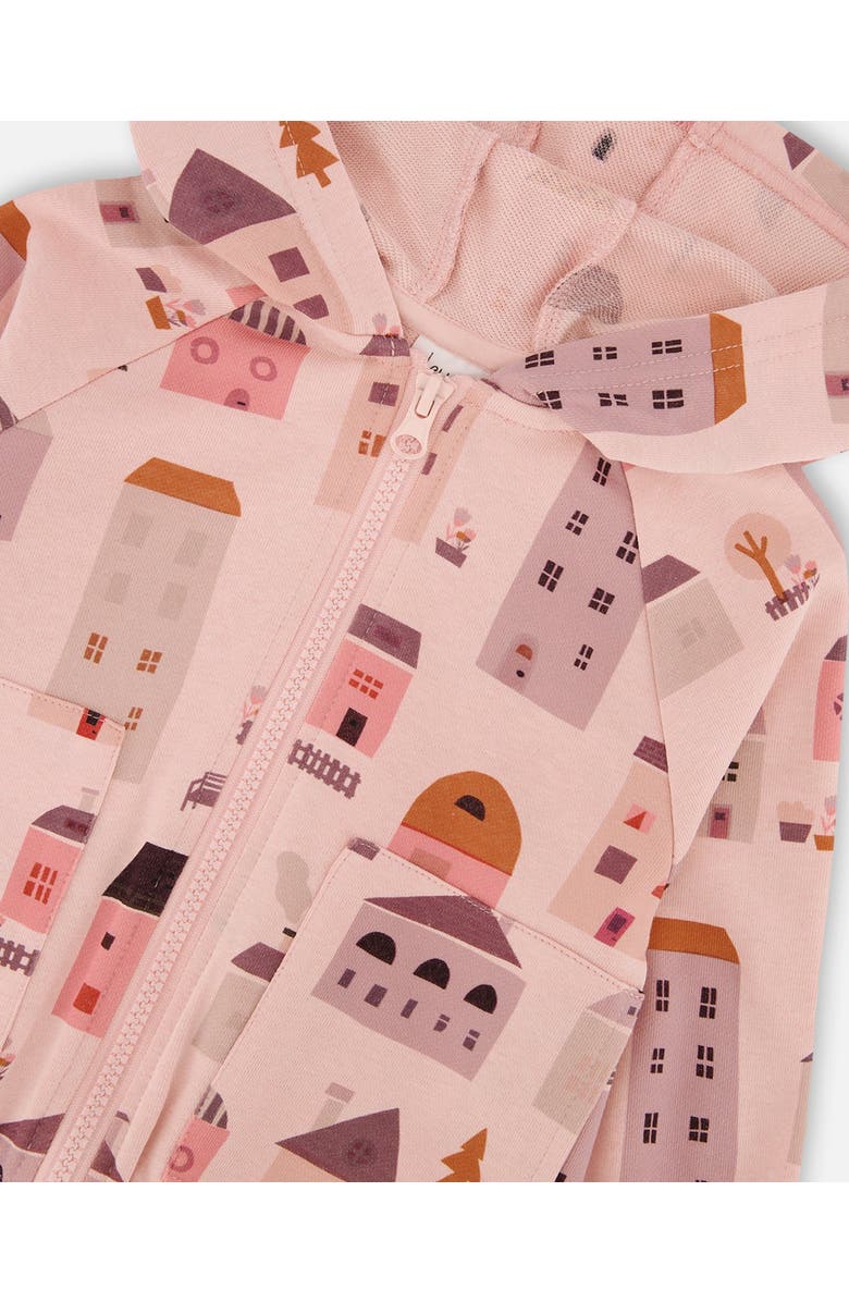 Deux par Deux Girl's Printed French Terry Hoodie Cardigan Pink And Coral Houses, Alternate, color, 