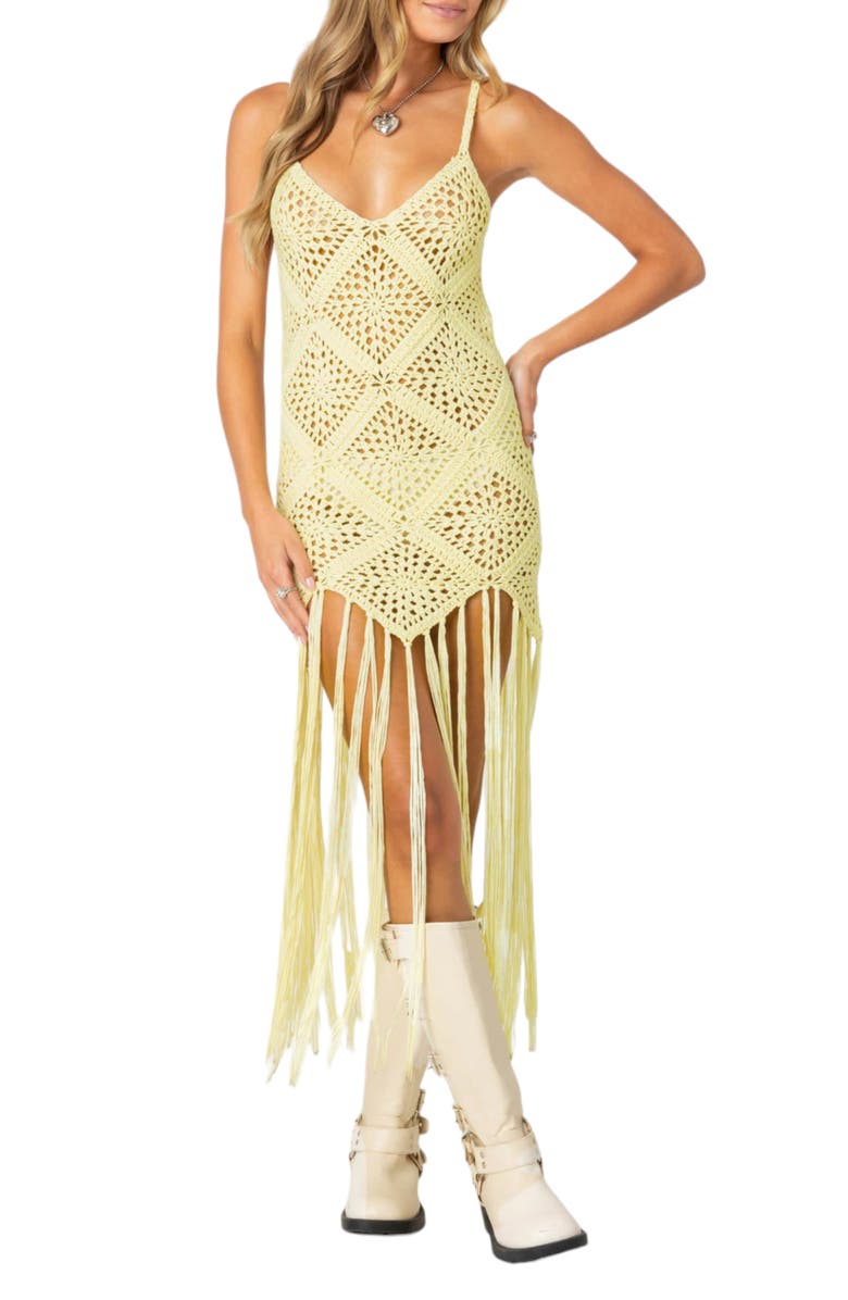 EDIKTED Fringe Open Knit Minidress, Main, color, Yellow