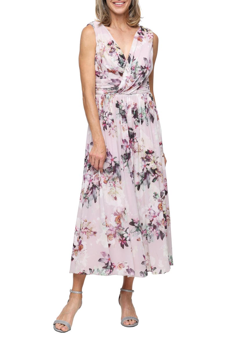 Print Drape Sleeveless Mesh Gown, Main, color, PINK MULTI