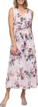 SL FASHIONS Print Drape Sleeveless Mesh Gown