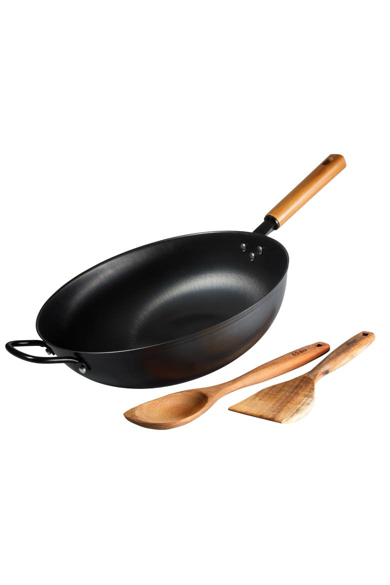 Dunwood 3-Piece 13.8 in PFAS-Free Carbon Steel Wok Set with Wooden Tools, Main, color, Silver