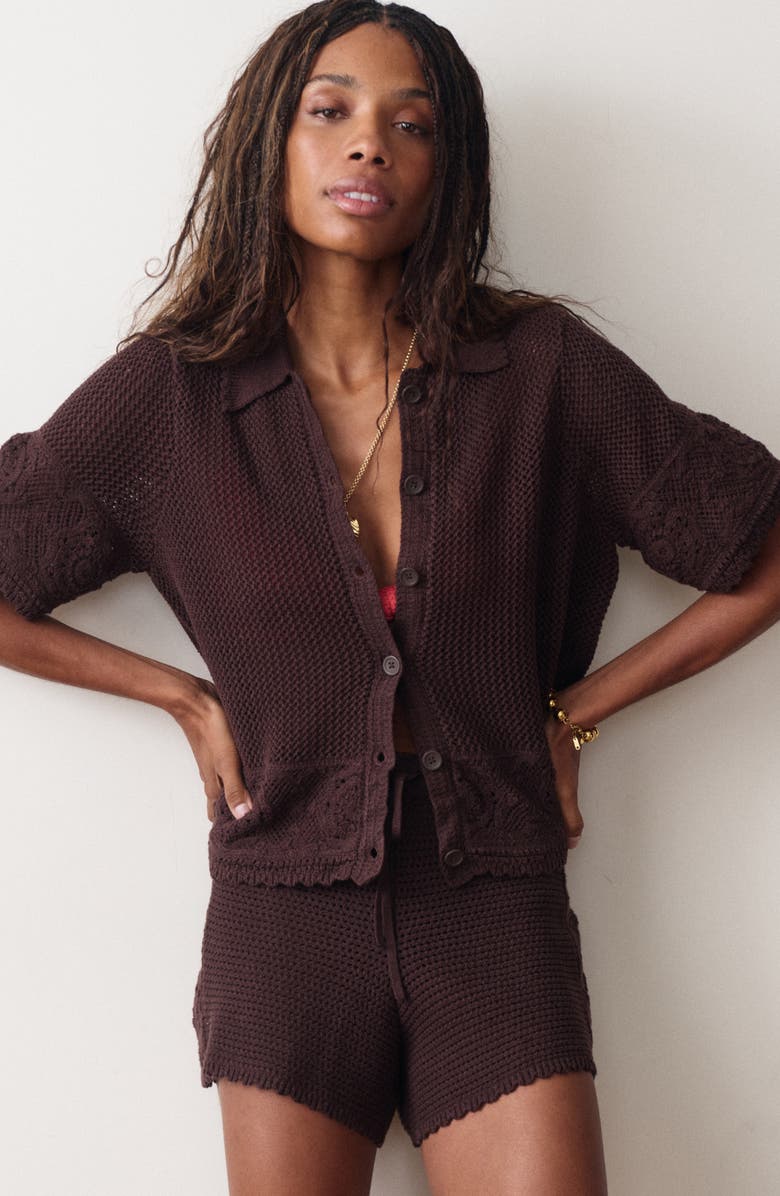 Marine Layer Celtia Mixed Open Stitch Cotton Blend Button-Up Sweater, Alternate, color, Chocolate
