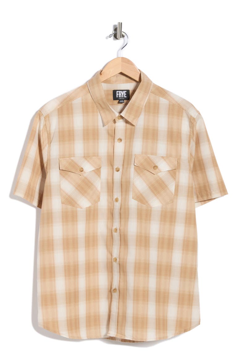 Plaid Short Sleeve Dobby Button-Up Shirt, Alternate, color, TAN
