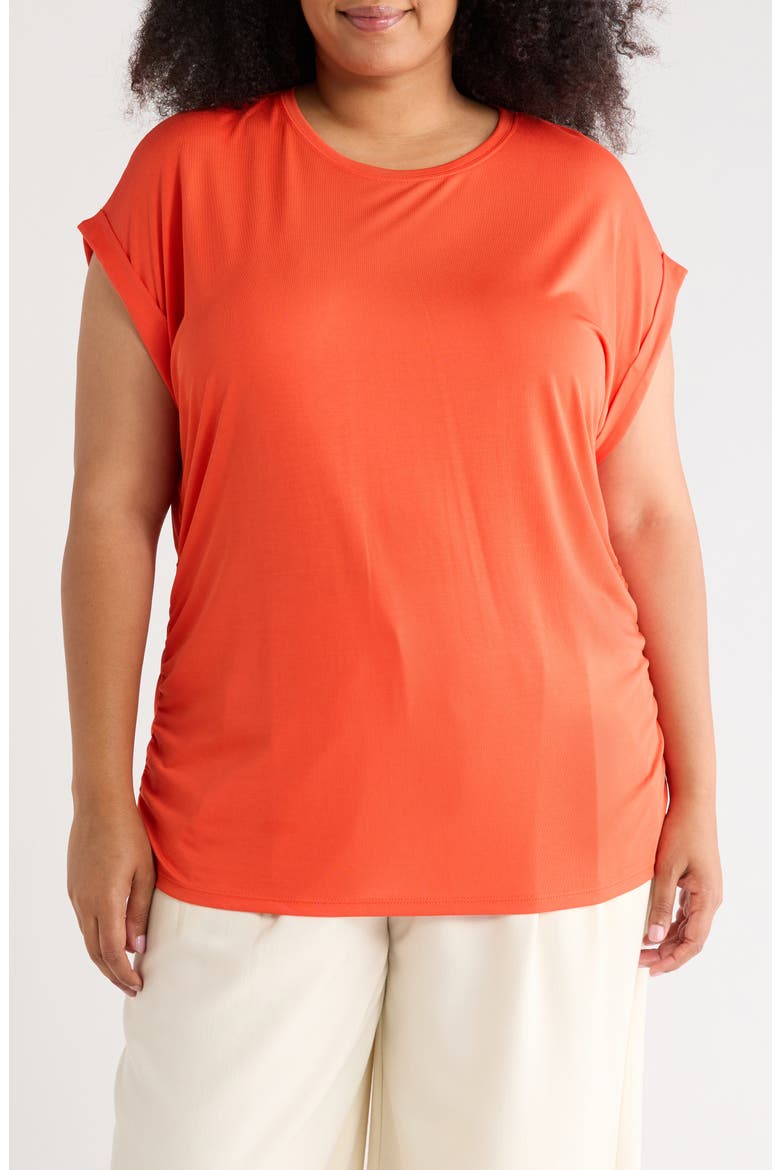 Cuff Short Sleeve Ruched T-Shirt, Main, color, BRIGHT POPPY