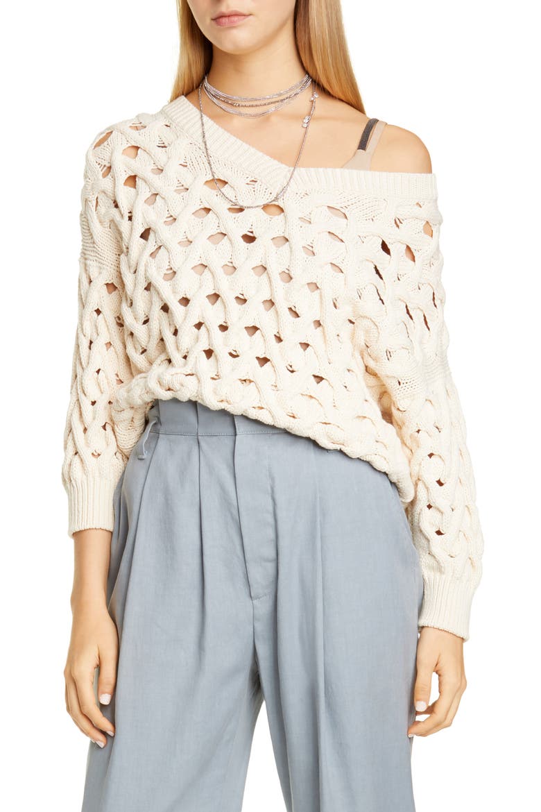Cable Cotton & Nylon Sweater, Main, color, LATTE