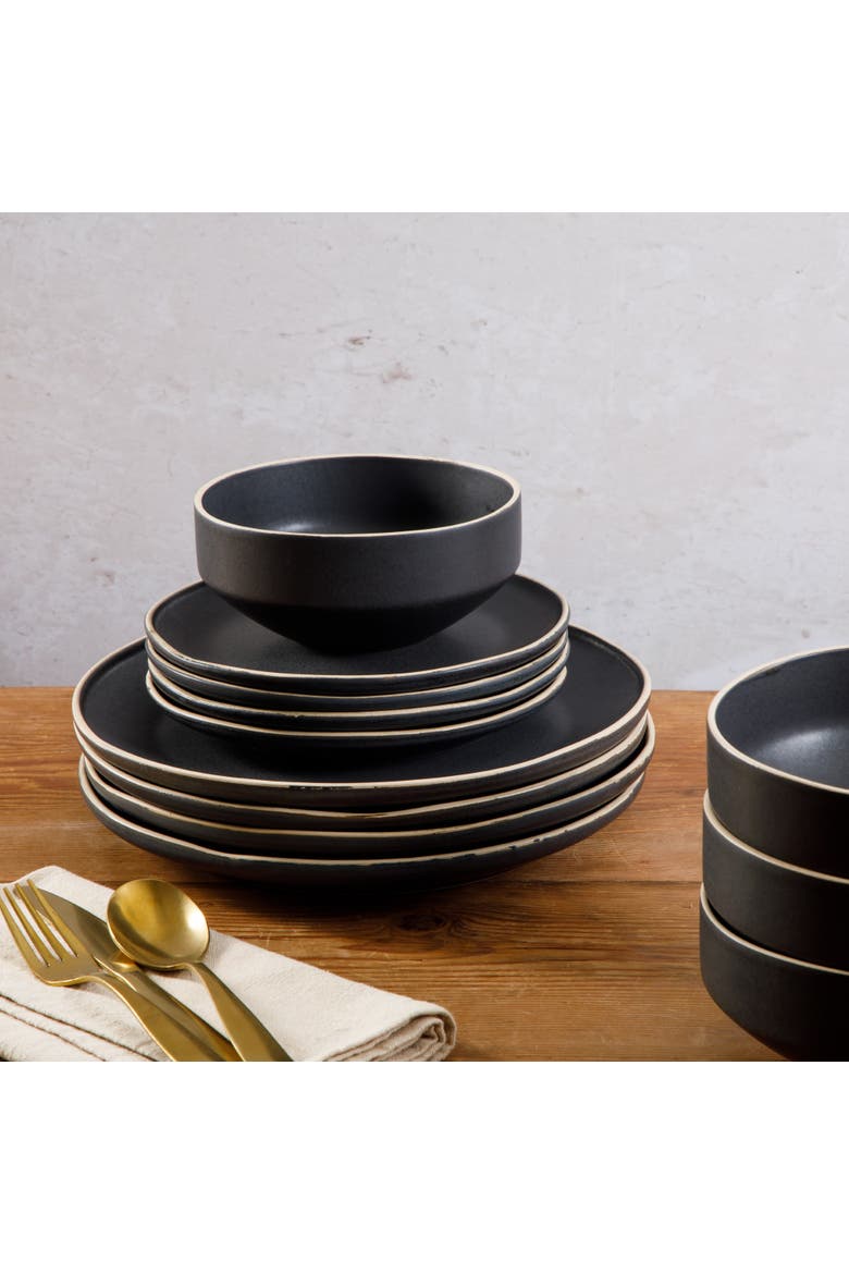 Plates and Bowls Set 12 Piece Matte Reactive Stoneware Dinnerware Set for 4, Alternate, color, Matte Black