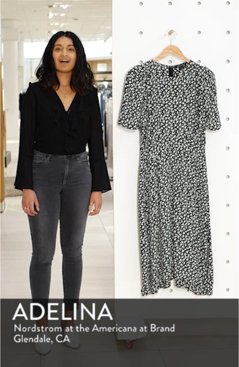 Strong Shoulder Floral Print Midi Dress, sales video thumbnail