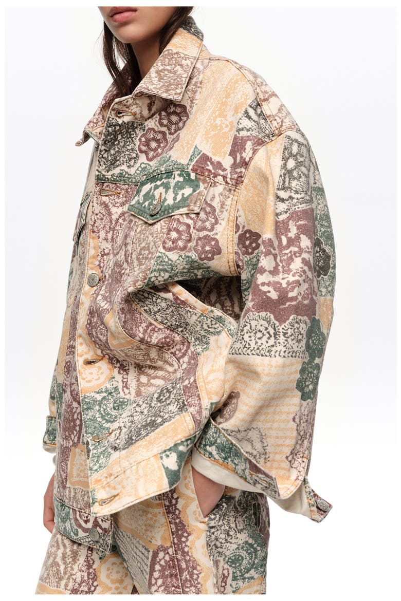 Oversize Print Denim Jacket, Alternate, color, LACE PRINT IVORY