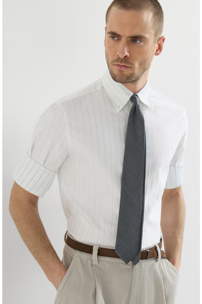Cotton textured striped chevron shirt with button-down collar, Alternate, color, White