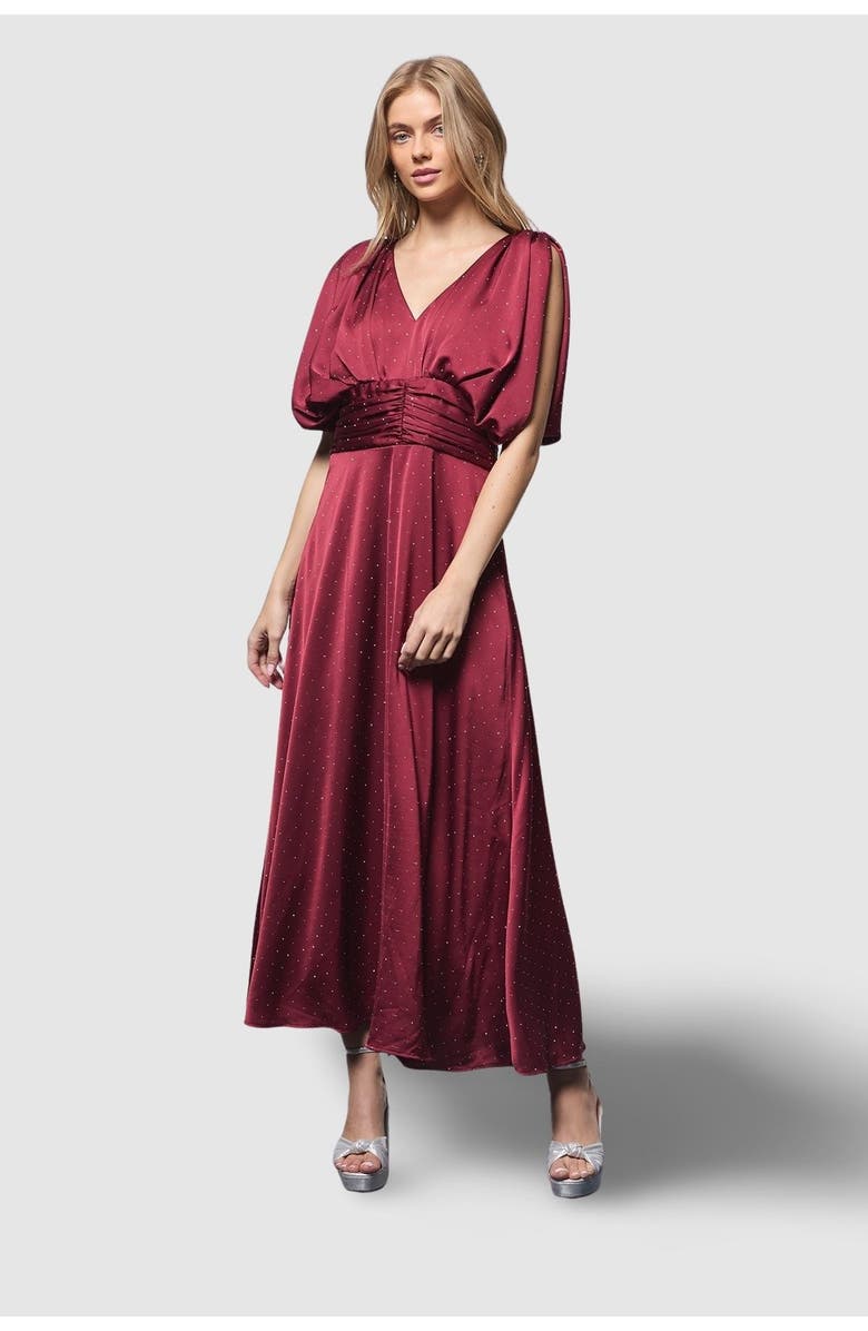 Oasis Hotfix Detail Ruched Bodice Midi Dress, Main, color, Wine