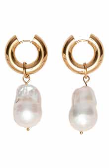 18k Gold Plated Freshwater Pearl Drop Huggie Hoop Earrings
