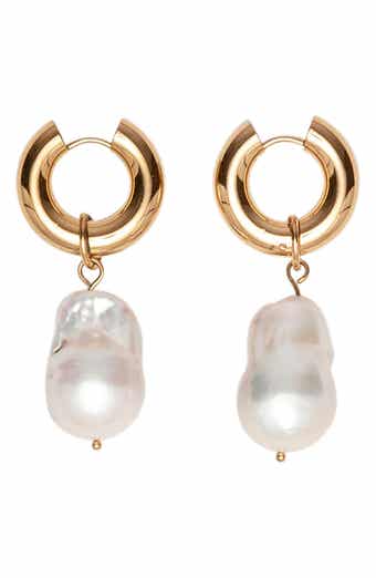 18k Gold Plated Freshwater Pearl Drop Huggie Hoop Earrings