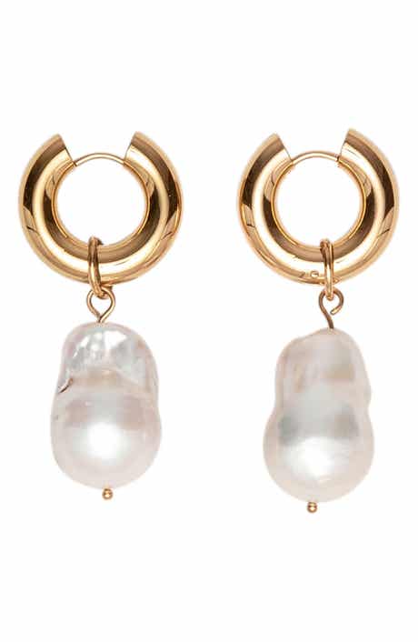 18k Gold Plated Freshwater Pearl Drop Huggie Hoop Earrings