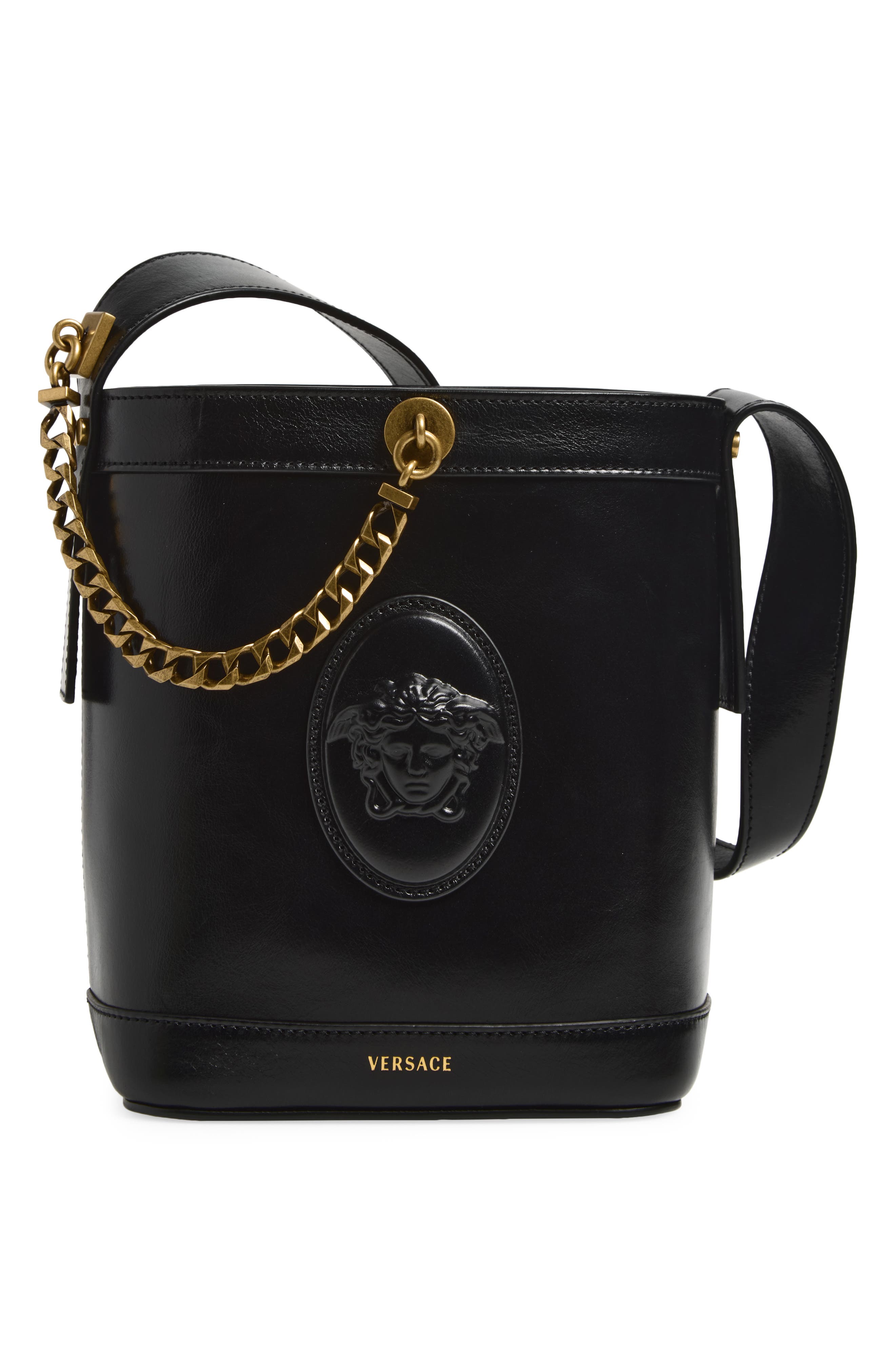 Mini Pivot Leather Bucket Bag, Main, color, BLACK-GOLD 82