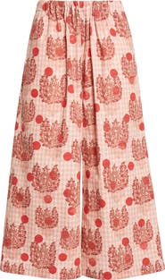 Tao Comme des Garçons Polka Dot Floral Gingham Cotton Poplin Wide Leg Pants