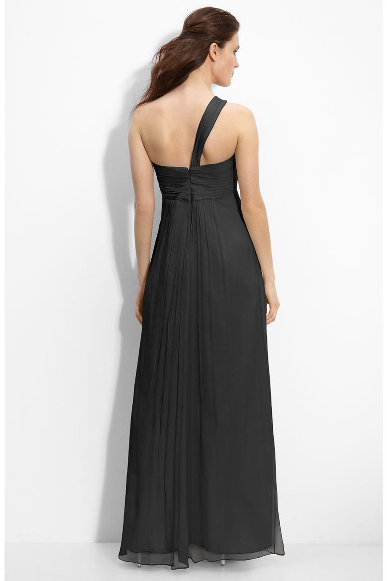 Bow Front One Shoulder Chiffon Gown, Alternate, color, BLACK