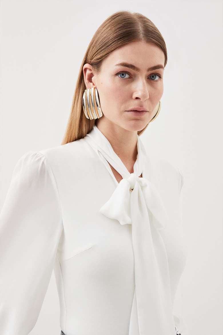 Tie Neck Long Sleeve Bodysuit, Alternate, color, Ivory