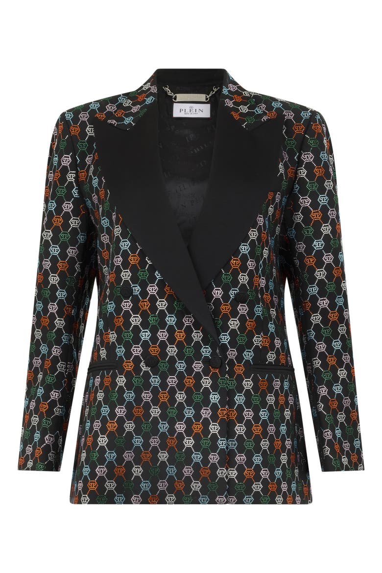 Double Breasted Marine Fit Blazer Monogram Strass Women, Main, color, black