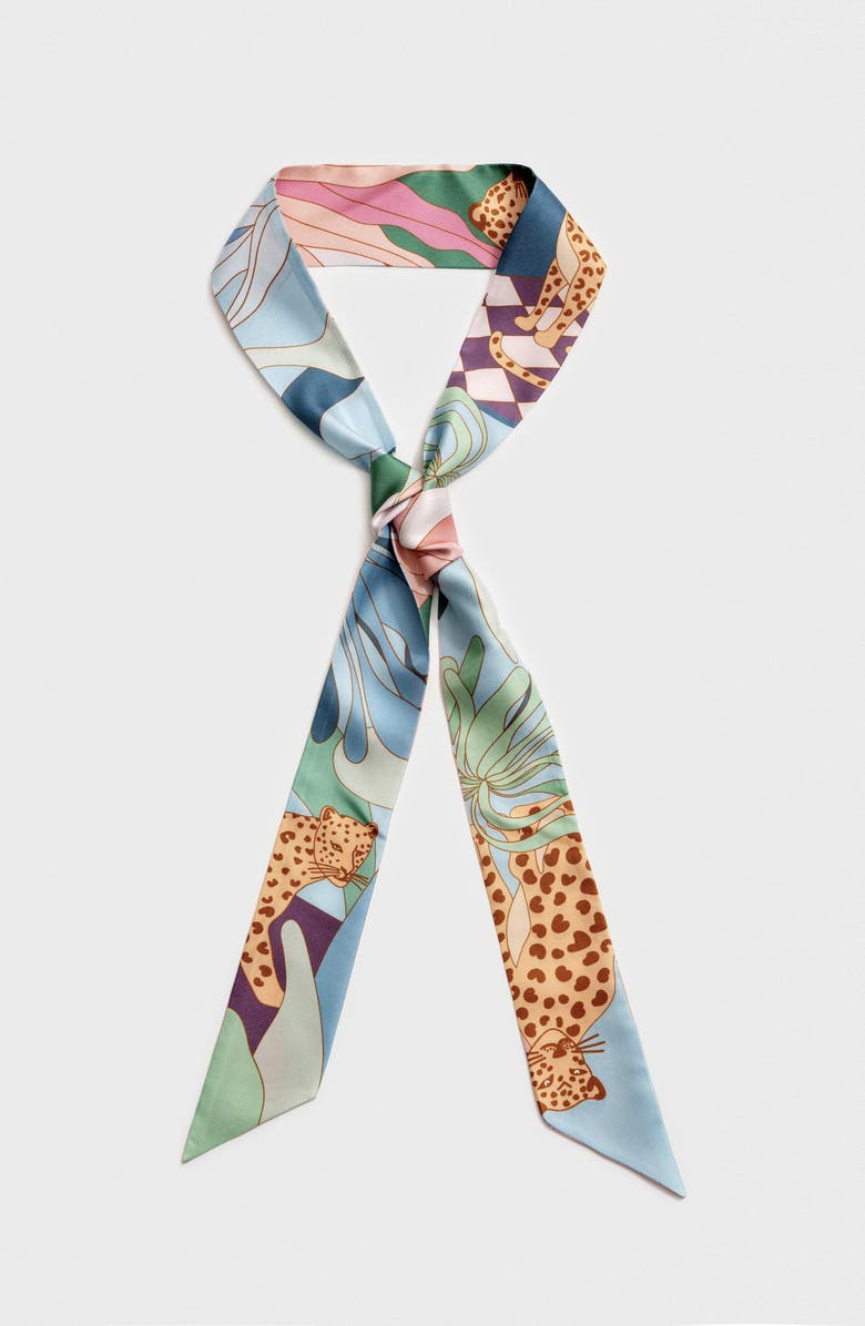 Jessie Zhao New York Silk Skinny Scarf Indoor Forest, Main, color, Blue