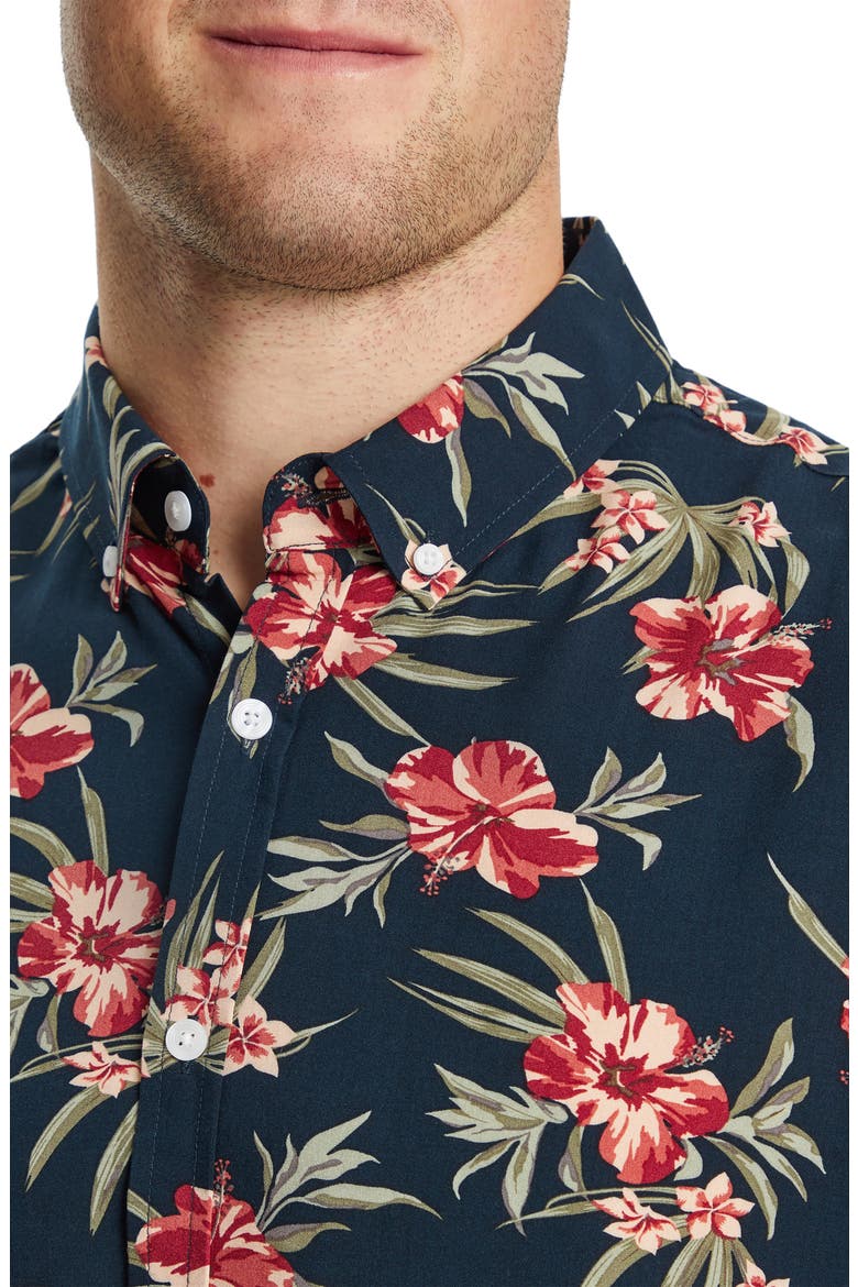 Regular Fit Hibiscus Short Sleeve Button-Down Shirt , Alternate, color, RUST