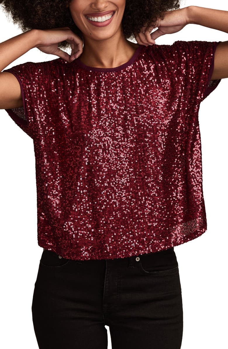 Lucky Brand Sequin T-Shirt, Alternate, color, Red Wine