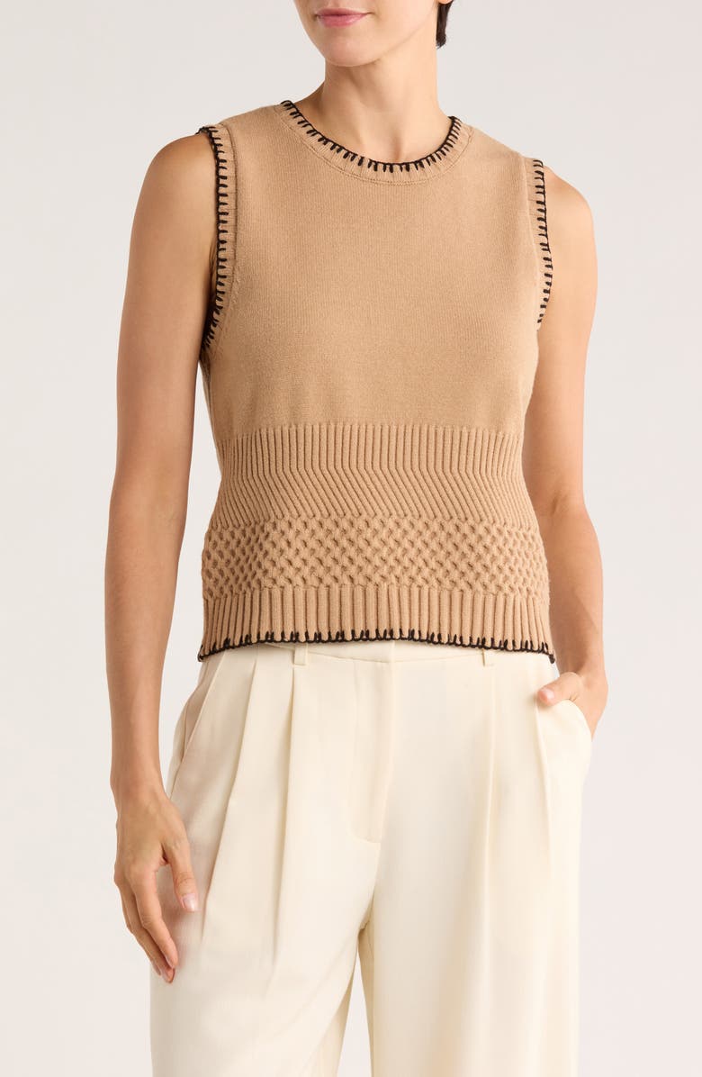 Ellen Tracy Whipstitch Texture Sleeveless Sweater, Main, color, Camel